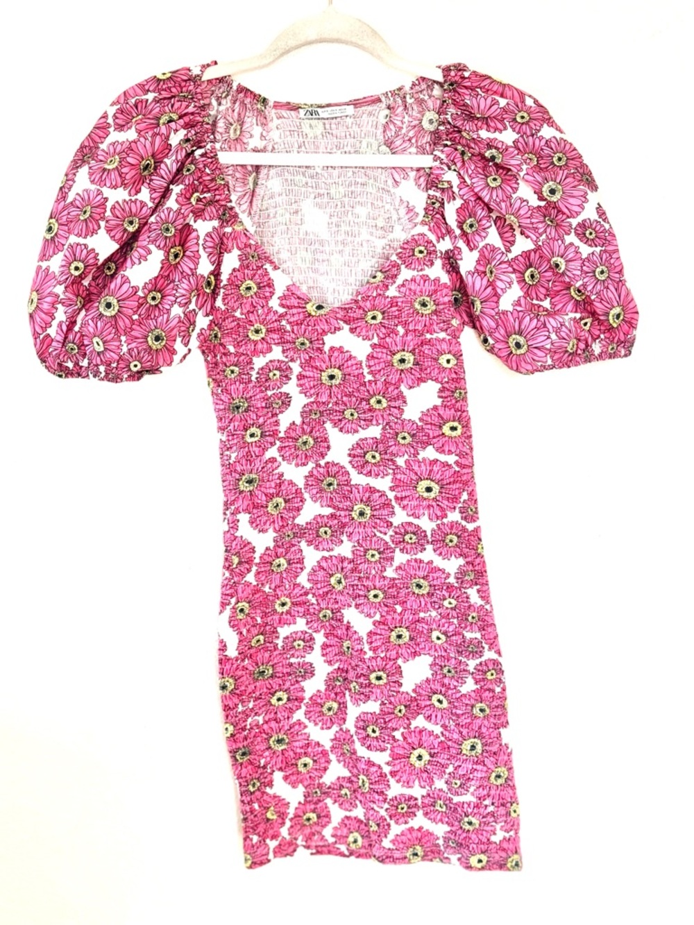 Zara Pink Floral Smocked Balloon Puff Sleeve Mini Dress Size S Small - Picture 3 of 9